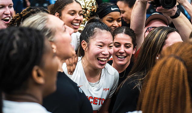 Kaitlyn Chen ’24, at center above, celebrates a third Ivy Tournament title 