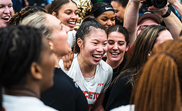 Kaitlyn Chen ’24, at center above, celebrates a third Ivy Tournament title 