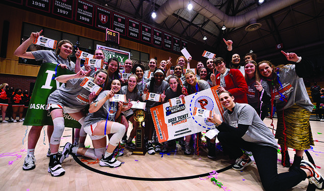 Princeton women’s basketball celebrates its NCAA Tournament bid after winning Ivy Madness in 2022.