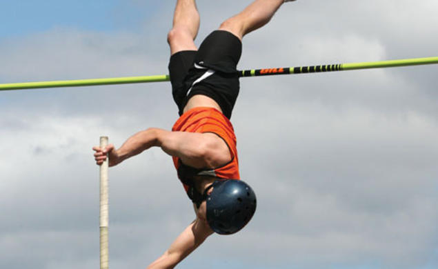 Pole vaulter Dave Slovenski ’12 likes to invent new athletic challenges for himself and the Tigers’ other vaulters.