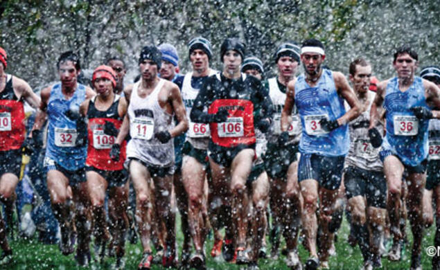 Donn Cabral ’12, center, led Princeton to its fifth Ivy title in six years during an unusual October snowstorm.