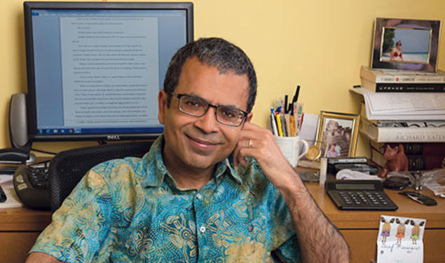 Akhil Sharma ’92 at his desk in his home office in New York City, where he does his writing.