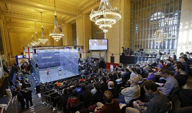 Fans watch the Tournament of Champions squash tournament at New York City’s Grand Central Terminal in January 2015. 