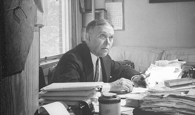 H.L. Mencken writes at his desk in Baltimore in the mid-1940s.