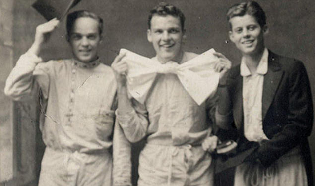 In 1935, John F. Kennedy, right, posed with Rip Horton Jr. ’39, left, and Kirk LeMoyne Billings ’39 for a Christmas card.