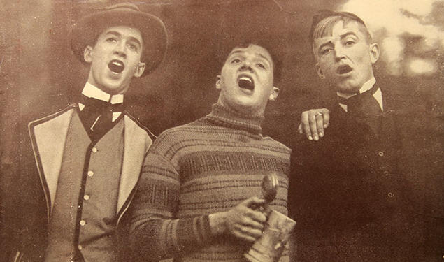 From left, Jimmy Stewart ’32, Joshua Logan ’31, and Marshall Dana ’32 rehearse for their “Drinking Song” number.