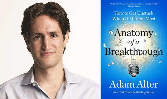 Photo of Adam Alter and the cover of his book, "Anatomy of a Breakthrough," featuring a photo of an exploding lightbulb.