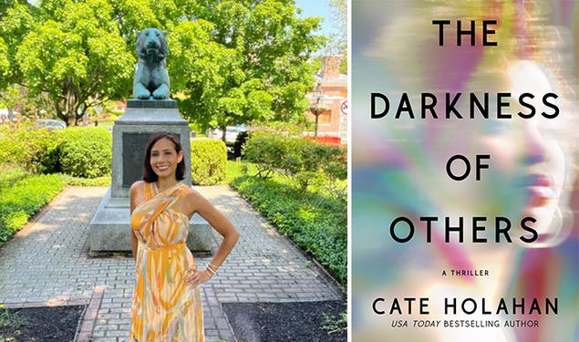 The left side of this image is Cate Holahan ’02 posing in front of a tiger statue during Reunions; the right side is the cover of her upcoming book, "The Darkness of Others."