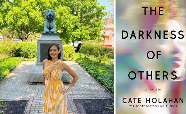 The left side of this image is Cate Holahan ’02 posing in front of a tiger statue during Reunions; the right side is the cover of her upcoming book, "The Darkness of Others."