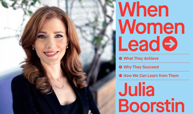 The left side of this image is a photo of Julia Boorstin ’00; the right side is the cover of her book, When Women Lead.