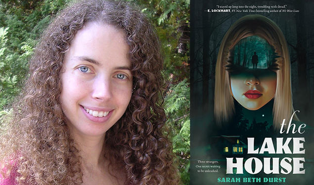 Left, Sarah Beth Durst ’96; right, the cover of "The Lake House," with an illustration of a girl's head where you can see through her forehead to a forbidding forest scene.