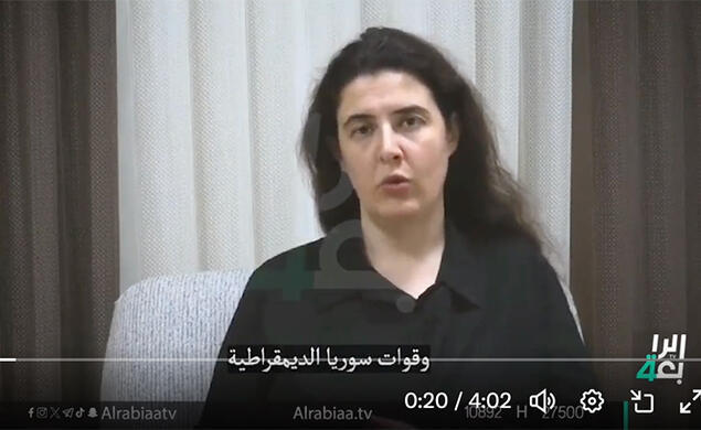 Tsurkov video.jpg Elizabeth Tsurkov speaks in front of a curtain, wearing a black collared shirt.