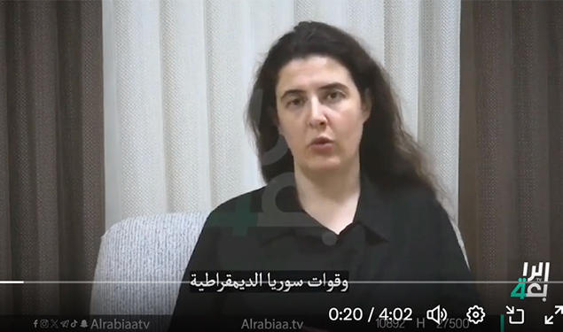 Elizabeth Tsurkov speaks in front of a curtain, wearing a black collared shirt.