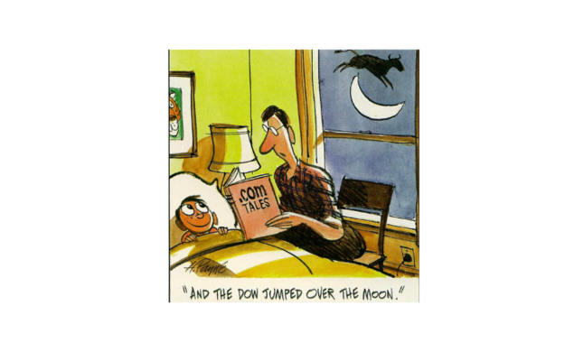 A father reading a book to his son titled ".com tales" with a caption of "And the Dow jumped over the moon". In the background, the cow is jumping over the crescent shaped moon.