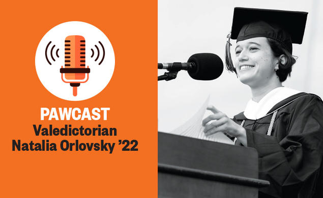 The left side of this image is a microphone illustration with the text: PAWcast: Valedictorian Natalia Orlovsky ’22. The right side is a black-and-white photo of Orlovsky giving her valedictory address.