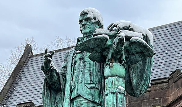 The John Witherspoon statue next to the East Pyne building on the Princeton University campus.