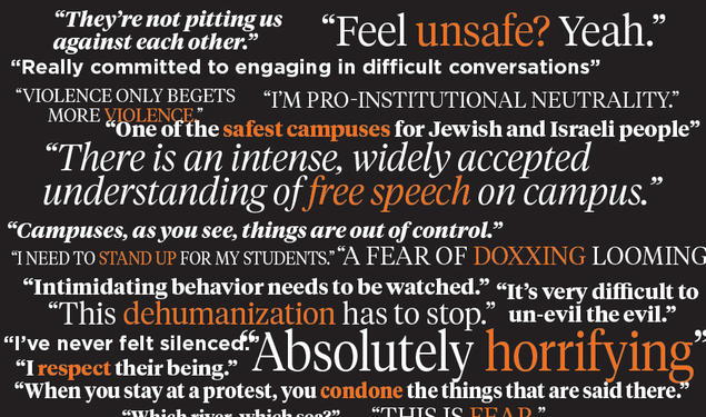 Word art featuring quotes from the story, including "Campuses, as you see, things are out of control," and "I need to stand up for my students."