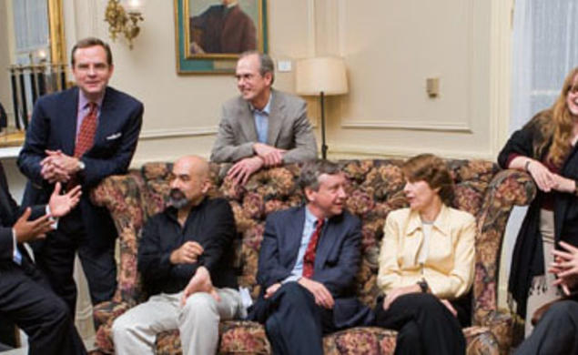 The panelists: from left, Eddie S. Glaude Jr. *97, Todd Purdum ’82, David Spergel ’82, William Russel (standing), Sean Wilentz, Elizabeth Bogan, Emily Thompson *92, and Michael Wood.