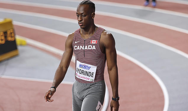 Ibrahim Ayorinde ’23 prepares for his heat at the World Indoor Championships in Glasgow, Scotland, in March. 