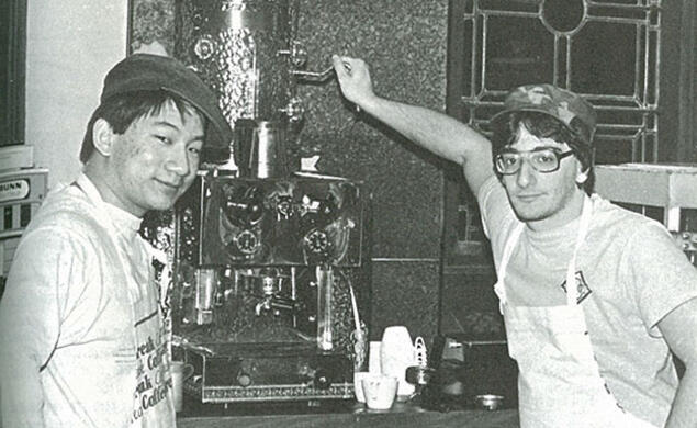 Dave Lee â86, left, and Steve Fein â86 show off Chancellor Greenâs coffee bar in 1985. (Larry Wolfen â87/PAW Archives)