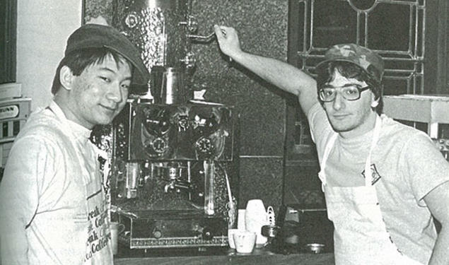 Dave Lee â86, left, and Steve Fein â86 show off Chancellor Greenâs coffee bar in 1985. (Larry Wolfen â87/PAW Archives)