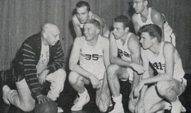 Coach Cappy Cappon in 1958 with, from left, Jim Brangan â60, David Fulcomer â58, Carl Belz â59, Artie Klein â60, and Joseph Burns â59. Herman Belz â59 replaced Fulcomer in the 1958-59 âiron five.â (Photo: PAW Archiv