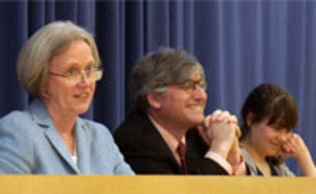 From left, President Tilghman, Professor Gideon Rosen *92, and Amy Solomon ’14.