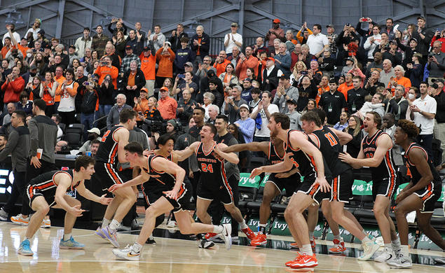 Players celebrate near the bench