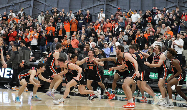 Players celebrate near the bench