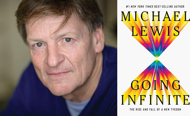 Portrait of author Michael Lewis and cover of his book Going Infinite