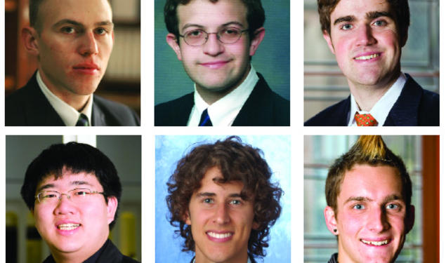 At top from left, Princeton scholars Stephen Hammer ’09, Scott Moore ’08, and Timothy Nunan ’08. Bottom row, from left, Michael Shih ’09, Michael Solis ’07, and Alexander Barnard ’09.