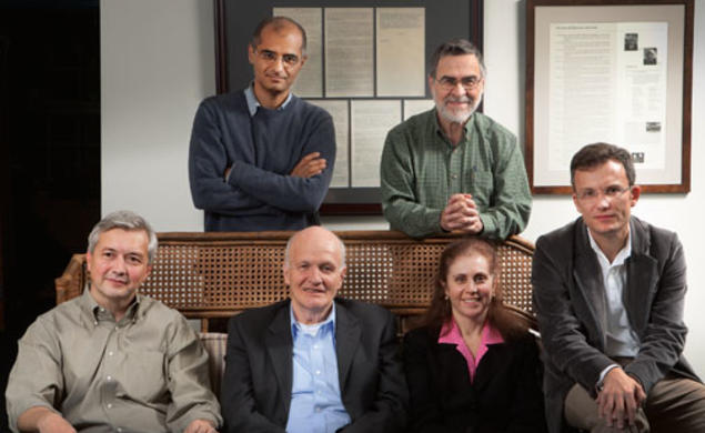 Researchers in Princeton’s Program in Science and Global Security: Sitting, from left, Chris Chyba, Frank von Hippel, Laura Kahn *02, and Alex Glaser. Standing, from left, Zia Mann and Harold Feiveson *72.