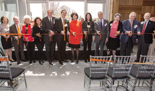 Joining me at the dedication ceremony were, from left, Lynn Bendheim Thoman ’77, James McDonnell III ’58, Libby McDonnell, Regina Kulik- Scully, John Scully ’66, Nancy Peretsman ’76, Emma Scully ’12, Robert Scully ’72, Florence Davis and Edwar