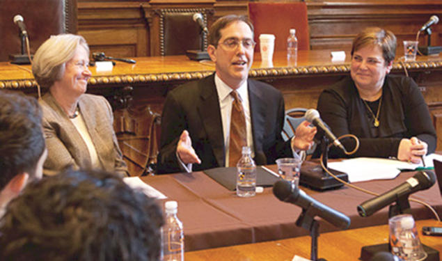 President-elect Chris Eisgruber ’83 meets the press, flanked by Board of Trustees Chair Katie Hall ’80 and me.