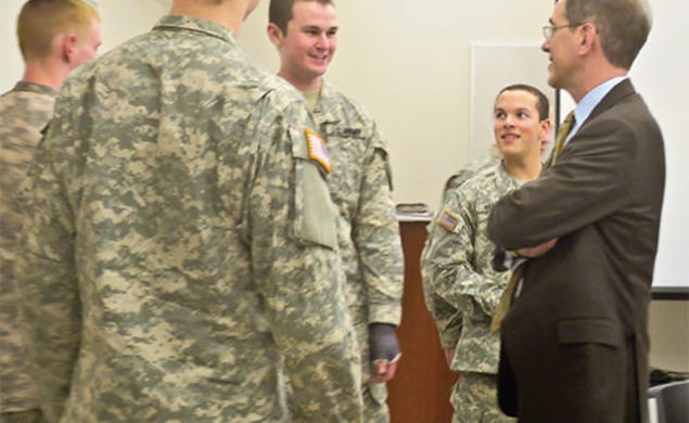 Meeting with Army ROTC students at the Tiger Battalion headquarters.
