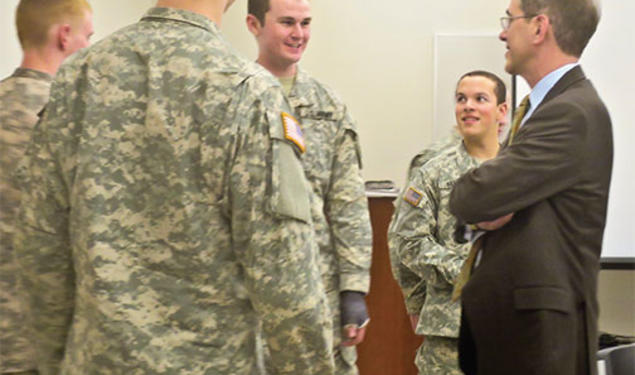 Meeting with Army ROTC students at the Tiger Battalion headquarters.