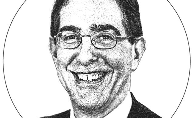 Black-and-white photo of Christopher Eisgruber ’83 in a circle 