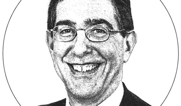 Black-and-white photo of Christopher Eisgruber ’83 in a circle 