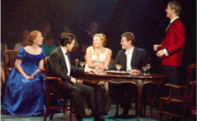  A scene from J. B. Priestley’s An Inspector Calls. From left to right are Heather May ’10; John Hardin, New York University; Tara Richter Smith, New York University; Tyler Crosby ’09; and Aaron Strand, New York University.