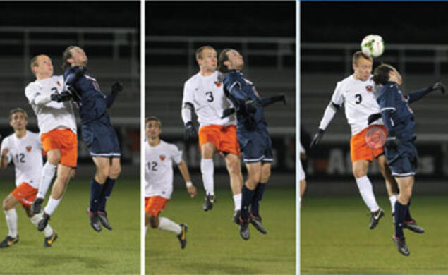 Myles McGinley ’15, shown heading the ball, was one of several players who participated in a season-long study of head impacts.