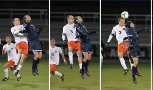 Myles McGinley ’15, shown heading the ball, was one of several players who participated in a season-long study of head impacts.