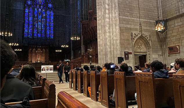 Attendees remember Misrach Ewunetie ’24 at a vigil in the Chapel on Monday.