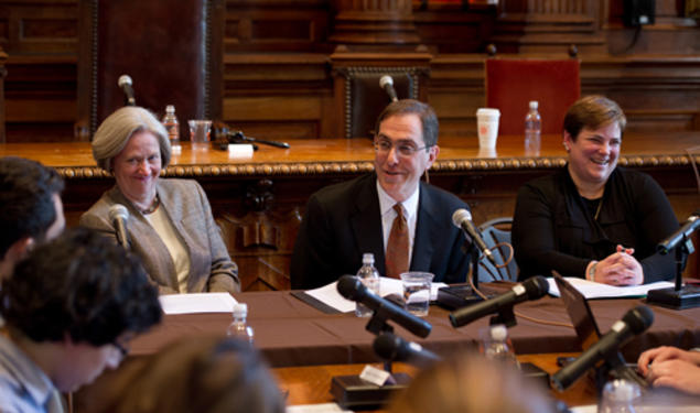 Provost Christopher Eisgruber ’83 answers a question during the University's announcement April 21 that he will succeed Shirley Tilghman, left, as president July 1. At right is Kathryn Hall '80, chairwoman of the Board of Trustees and head of the presid