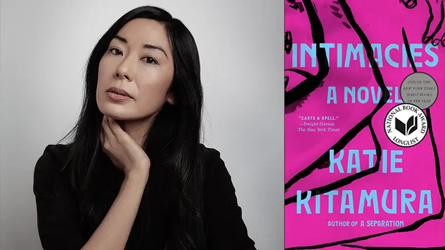Katie Kitamura and the cover of her book "Intimacies."