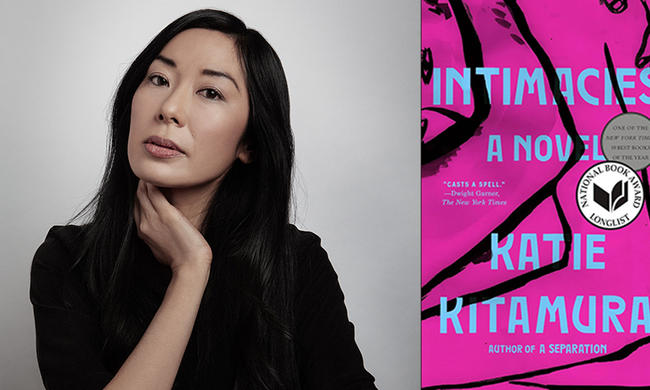 Katie Kitamura and the cover of her book "Intimacies."