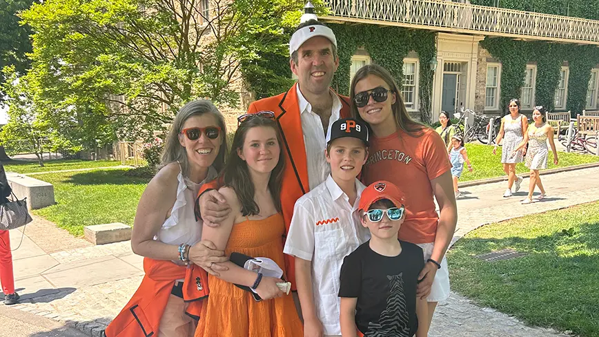 Stephen Lamberton ’99 Is Destigmatizing Suicide by Telling His Story Two parents and their four children, dressed in orange for Princeton Reunions.