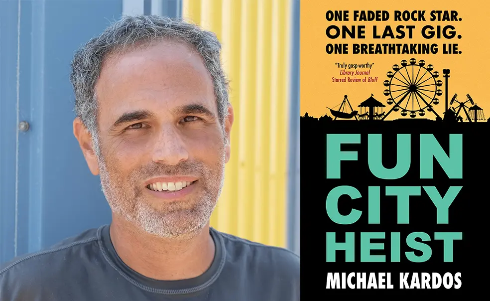 Michael Kardos ’92 Finds the Funny in ‘Fun City Heist’ Michael Kardos ’92, left, and the cover of his book, "Fun City Heist."