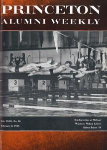 Future Olympian Jed Graef â64, center, dives into the water on the Feb. 8, 1963, cover of PAW. (PAW Archives)