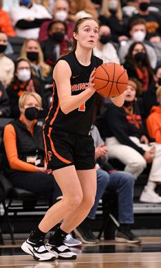 This is a photo of Abby Meyers ’22 shooting a basketball.