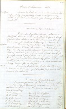 Minutes from a faculty meeting on April 23, 1861